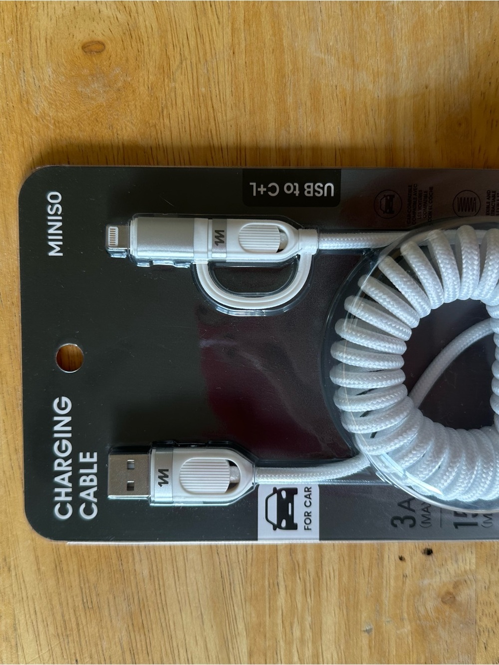 MINISO White Coiled USB Charging Cable - Lightning & USB-C 2-in-1